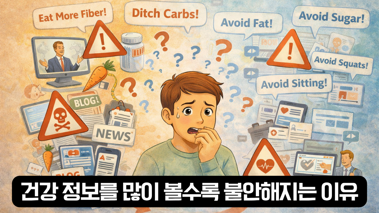 건강 정보를 많이 볼수록 불안해지는 이유를 설명한 이미지