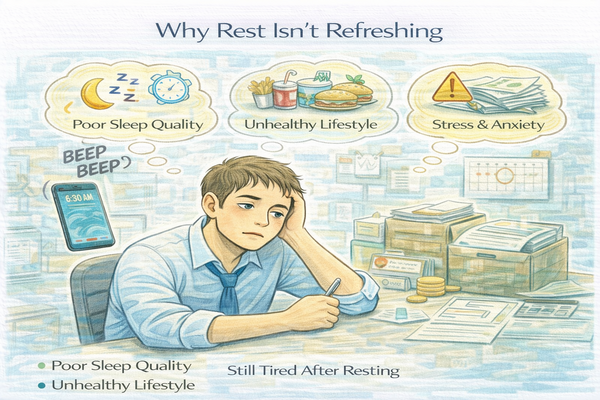 쉬어도 피로가 풀리지 않는 이유를 설명하는 충분히 쉬었지만 피곤한 일상 상황