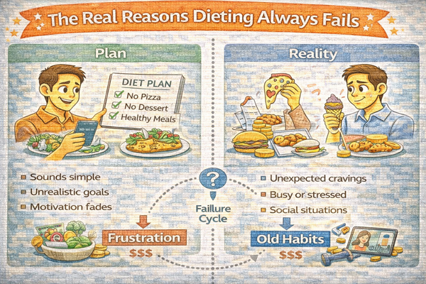 식단 조절이 항상 실패하는 진짜 이유를 보여주는 계획과 실제 식습관의 차이 상황