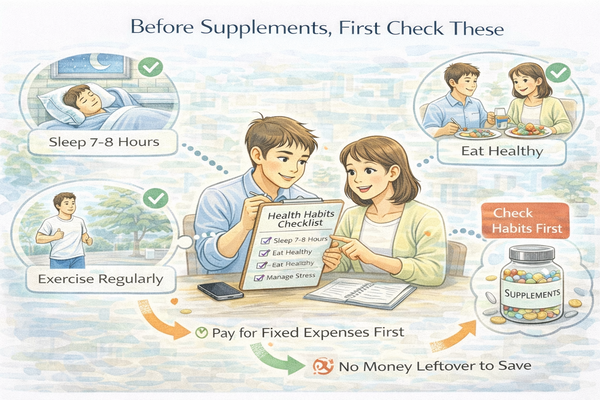 영양제보다 먼저 점검해야 할 것을 설명하는 수면 식사 활동량 생활 습관 점검 상황