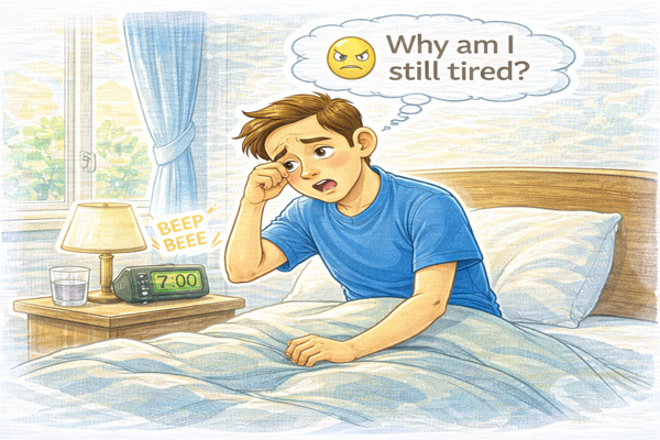 잠을 자도 피곤한 이유는 수면 시간이 아니다를 설명하는 충분히 잤지만 피곤한 아침 상황