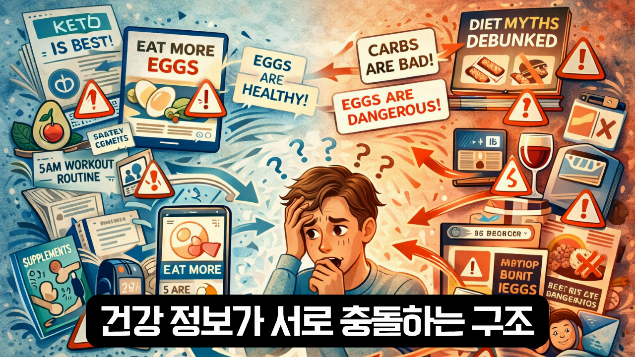 건강 정보가 서로 충돌하는 구조 설명한 이미지