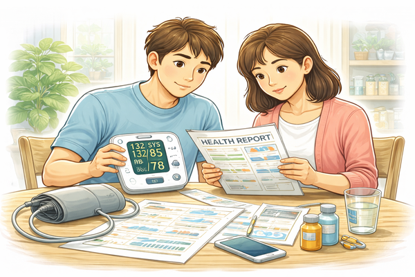 50대가 되면 건강 관리 기준이 달라져야 하는 이유를 설명하는 중년 건강 점검 상황